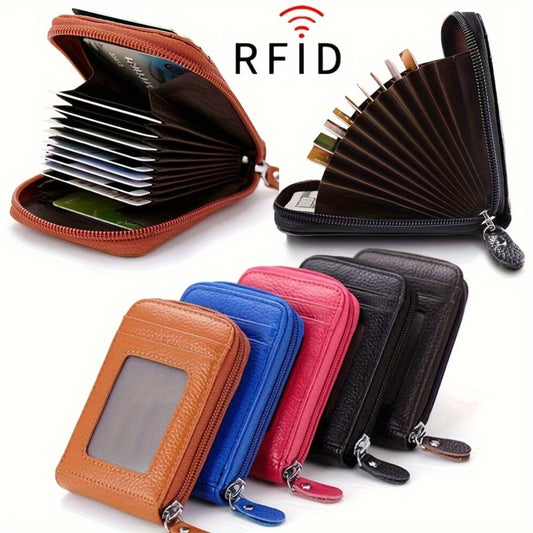 Men's Women's RFID Blocking Leather Mini Wallet -9 Card Slots Card Holder Case Organizer Compact Zipper Around Purse with ID Window and Drivers License