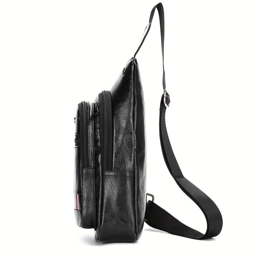 Men's PU Leather Crossbody Bag With Earphone Hole, Large Capacity Chest Bag, Multifunction Diagonal Shoulder Bag