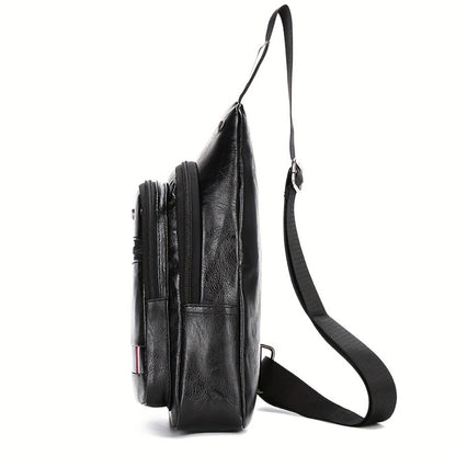 Men's PU Leather Crossbody Bag With Earphone Hole, Large Capacity Chest Bag, Multifunction Diagonal Shoulder Bag