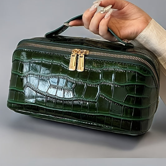 Travel Makeup Bag Crocodile Pattern Women's PU Portable Cosmetic Bag Luxury Golden Zipper Portable Organizer Storage Bag Large Capacity