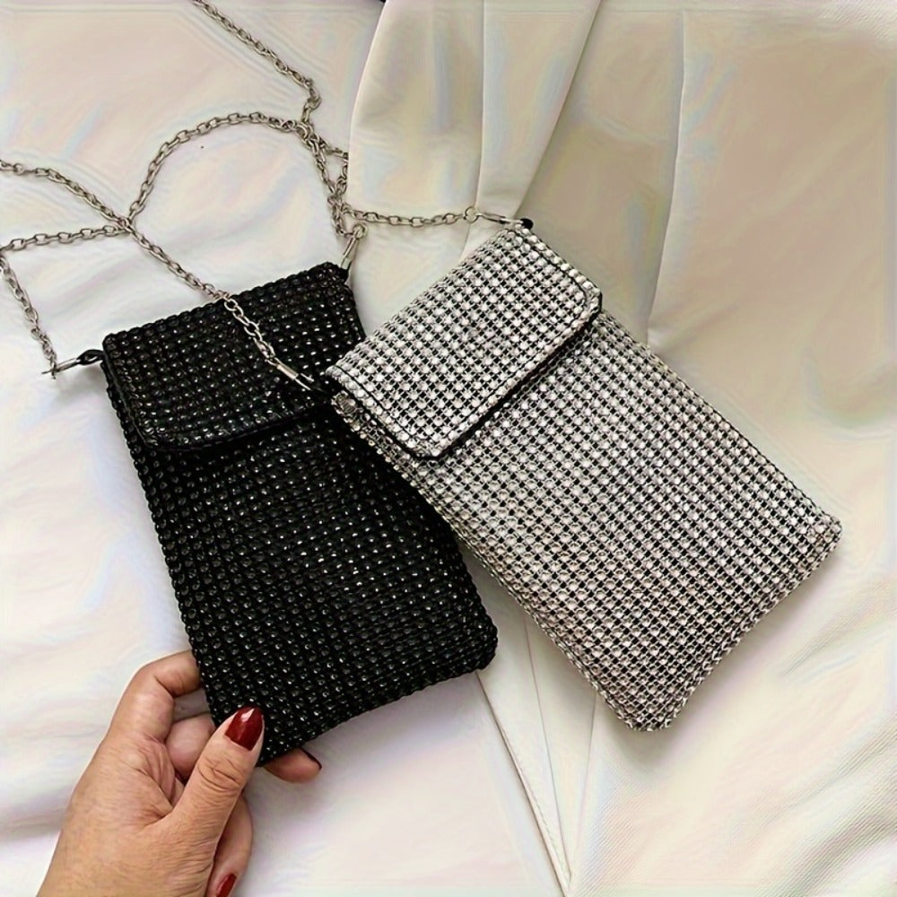 Fashionable ladies' crossbody mobile phone wallet with card slot, magnetic buckle and chain shoulder strap - casual polyester shoulder bag, ladies' side  bag, mobile phone single-shoulder bag, cute bag, travel accessory, simple design, du