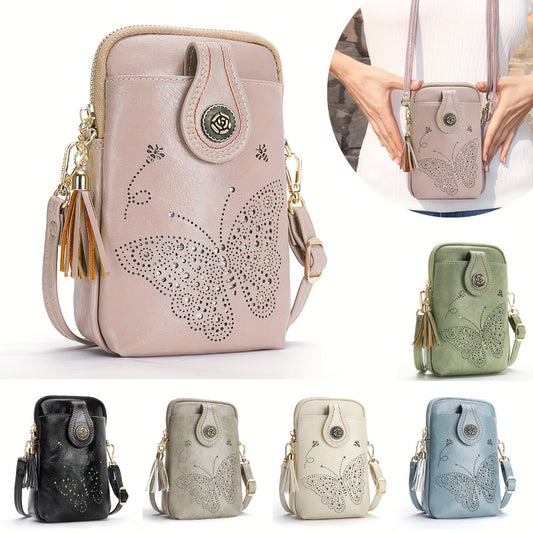 Small Crossbody Bags For Women | Lightweight Mini Cute Cell Phone Purse With Tassel Shining Butterfly, Zipper Closure, Lining, Animal Print For Mom Gift Essential