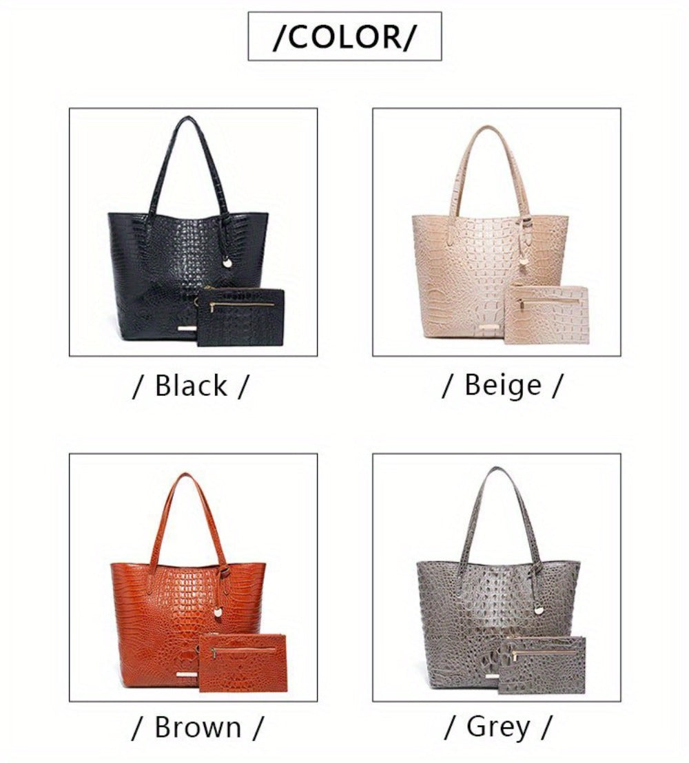 Stylish Two-Part Tote Bag Featuring a Crocodile Design And Elegant Metal Details, Offering Ample Storage for Versatile Carrying Options, Ideal for Various Occasions