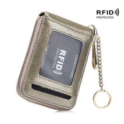 RFID Blocking Credit Card Holder Wallet With Keychain & ID Window Small Leather Zipper Card Case For Women (Vertical 12 Slots)