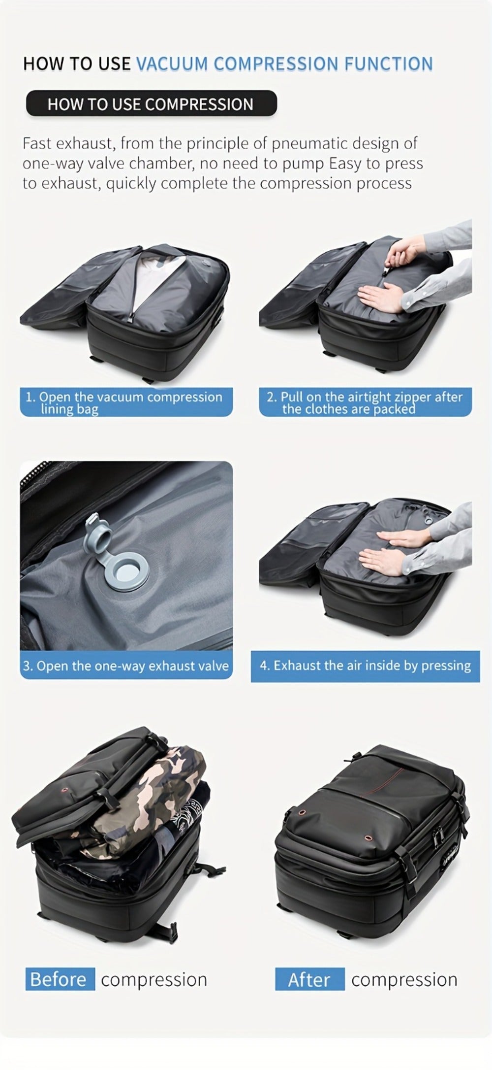 Somago Vacpack Backpack, 15.85gal Expandable Backpack with Vacuum Compression, TSA Lock Laptop Backpack Fit for 16 Inch PC with Air Pump, Anti Theft Travel Vacuum Backpack Space Saver Backpack