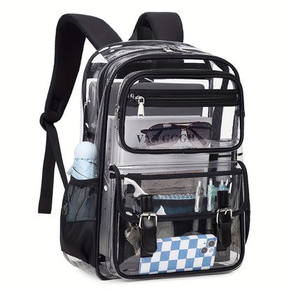 Women's PVC Transparent School Backpack with Large Capacity Multi-Pocket Bookbag, Adjustable Shoulder Straps & Transparent Panels Suitable for School, College, Office, Computer Bag, Laptop Carrier, Zipper Closure