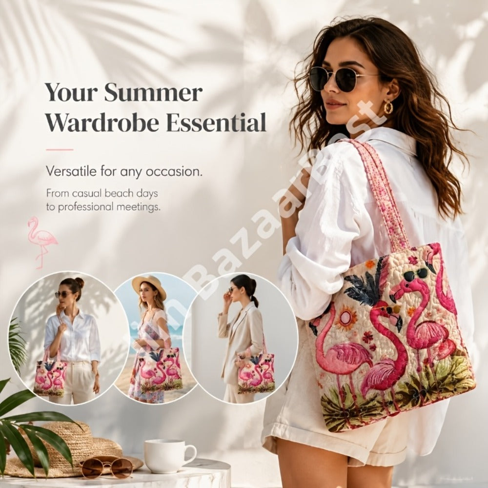 Flamingo with Sunglasses Quilted Applique Tote Bag, Tropical Summer Shoulder Purse for Women