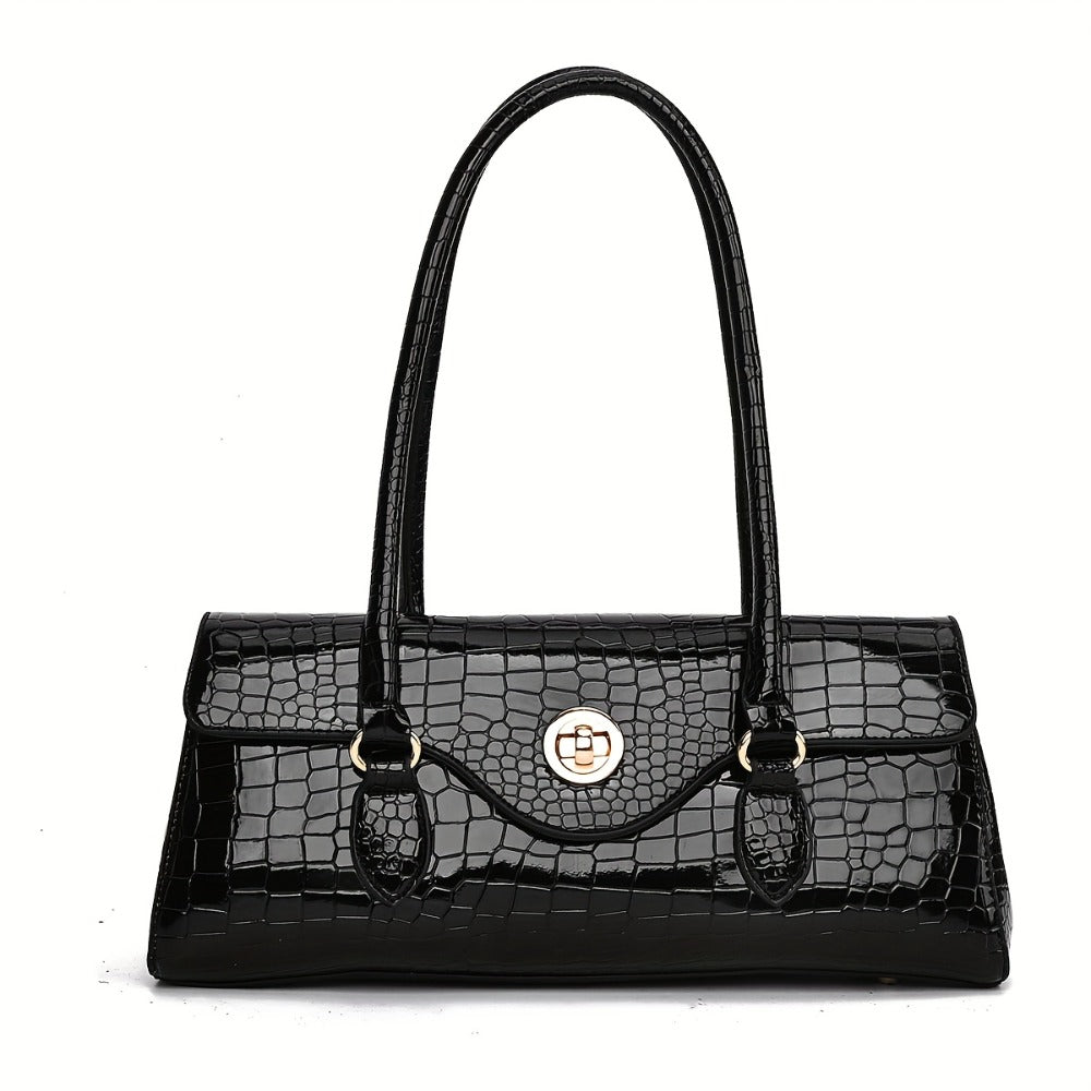 Women's Handbag, Shoulder Bag, and Tote Bag with High-Gloss Crocodile-Embossed Textured Pattern, Randomly Cut, Shoulder Bag, Crossbody Bag, Tote Bag with Metal Round Lock Clasp