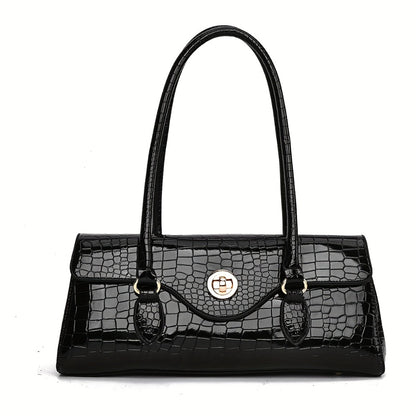 Women's Handbag, Shoulder Bag, and Tote Bag with High-Gloss Crocodile-Embossed Textured Pattern, Randomly Cut, Shoulder Bag, Crossbody Bag, Tote Bag with Metal Round Lock Clasp