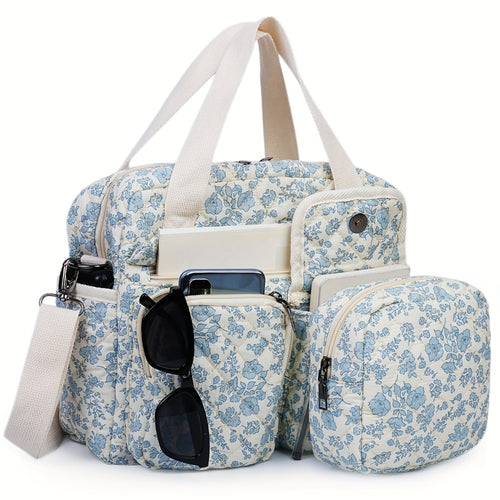 2pcs/Set Small Cute Floral Quilted Tote Bag with Multi-Pockets for Women, Crossbody Shoulder Everyday Handbags