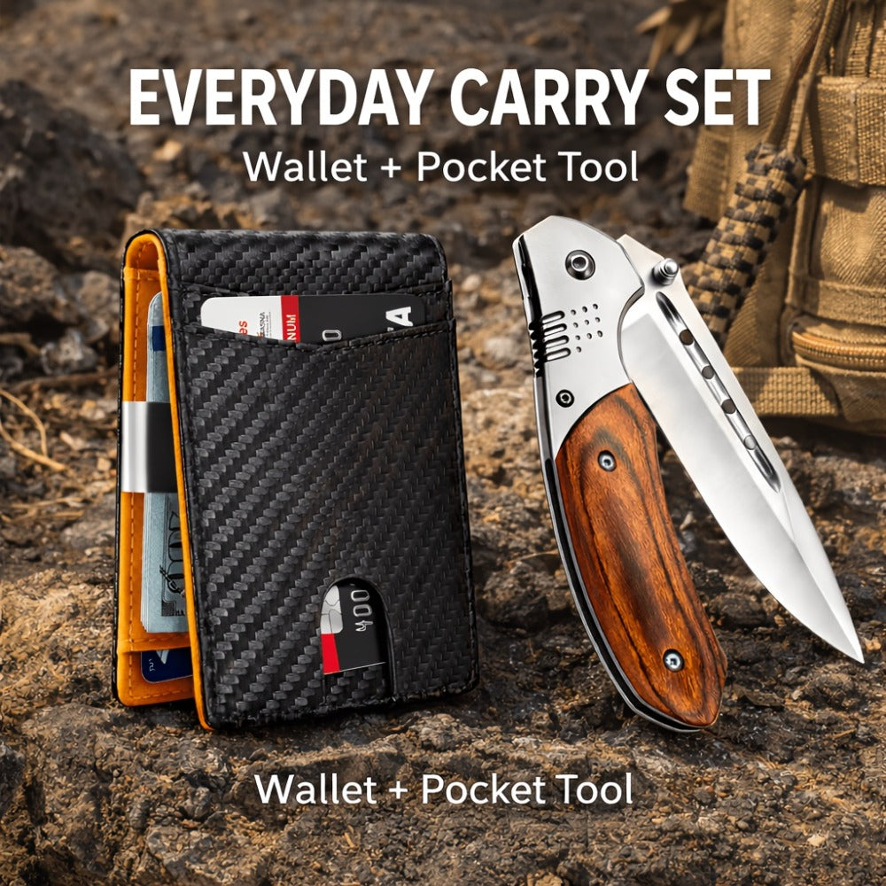 Gift Set for Men Slim Wallet And Portable Folding Tool RFID Blocking Minimalist Wallet Everyday Carry Set Ultra Slim Card Holder Gift for Him