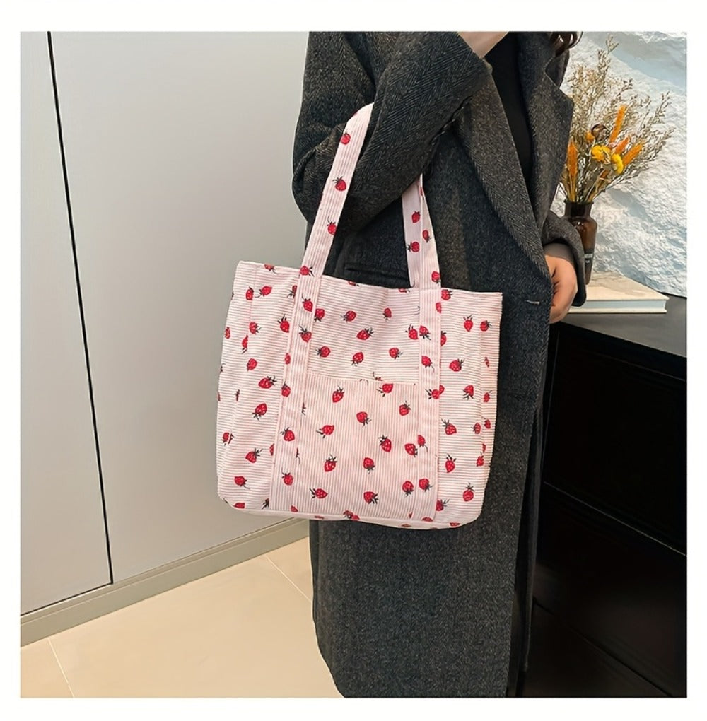 Women' Large Capacity Corduroy Tote Bag with Strawberry Pattern - /// Casual Handbag, Zipper Closure & - Corduroy Shoulder Bag for, Travel, Shopping