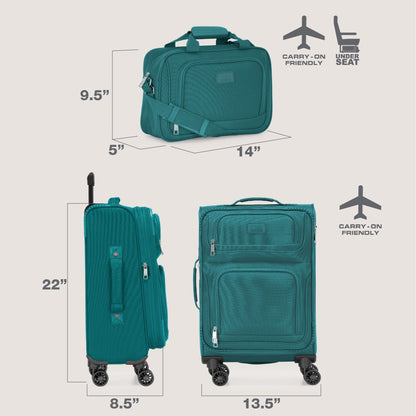 U.S. Traveler Rio II 2-Pcs Polyester Carry-on Suitcase w/ Tote | Soft Shell, Lightweight, Expandable & 360° Dual Spinner Wheels | Two-Tone, Colorblock, Matching Color, Black, Evergreen & Teal - Travel Luggage Set for Travel, Business Trips, and Weekend Ge