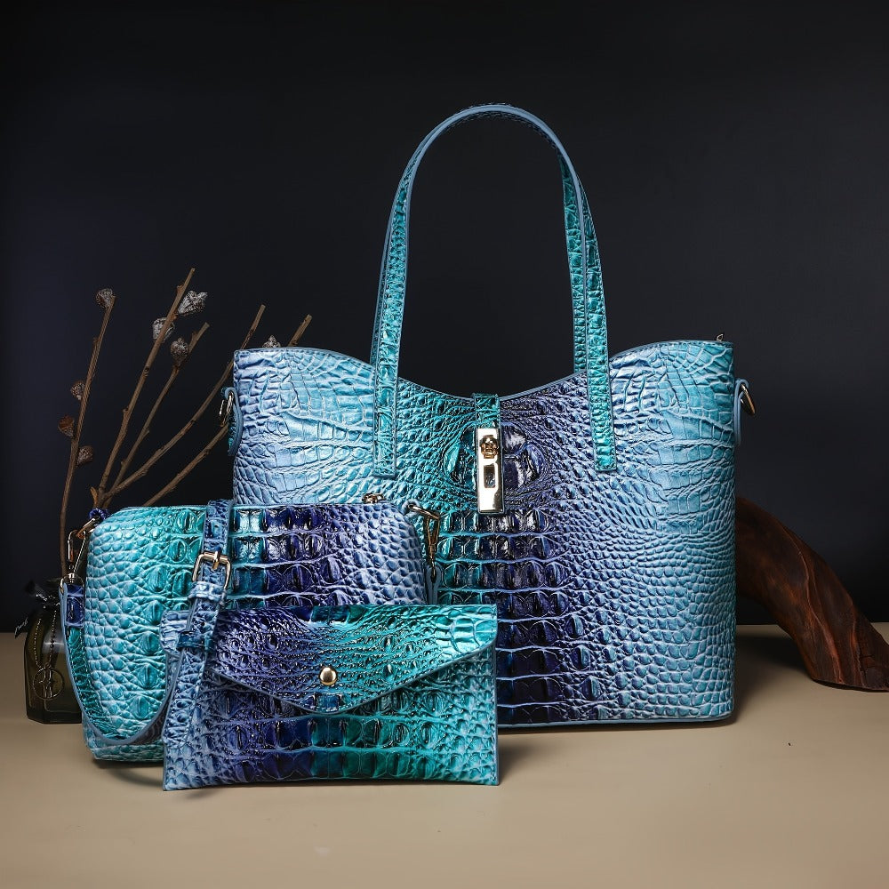 Set of 3: Vibrant Crocodile Design Spacious Faux Leather Tote And Crossbody Bags Along with a Coordinating Wallet, Perfect for Christmas, Mother'S Day, And Halloween Presents