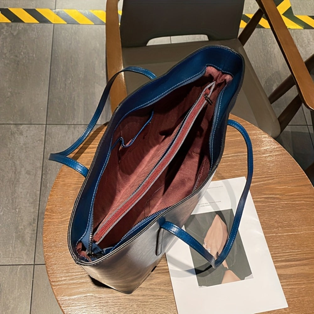 High-quality Oil and Wax Genuine Leather Tote Bag, Double-compartment Zipper Inner Pocket Design, Large-capacity Portable Crossbody Bag, Elegant Shoulder Bag