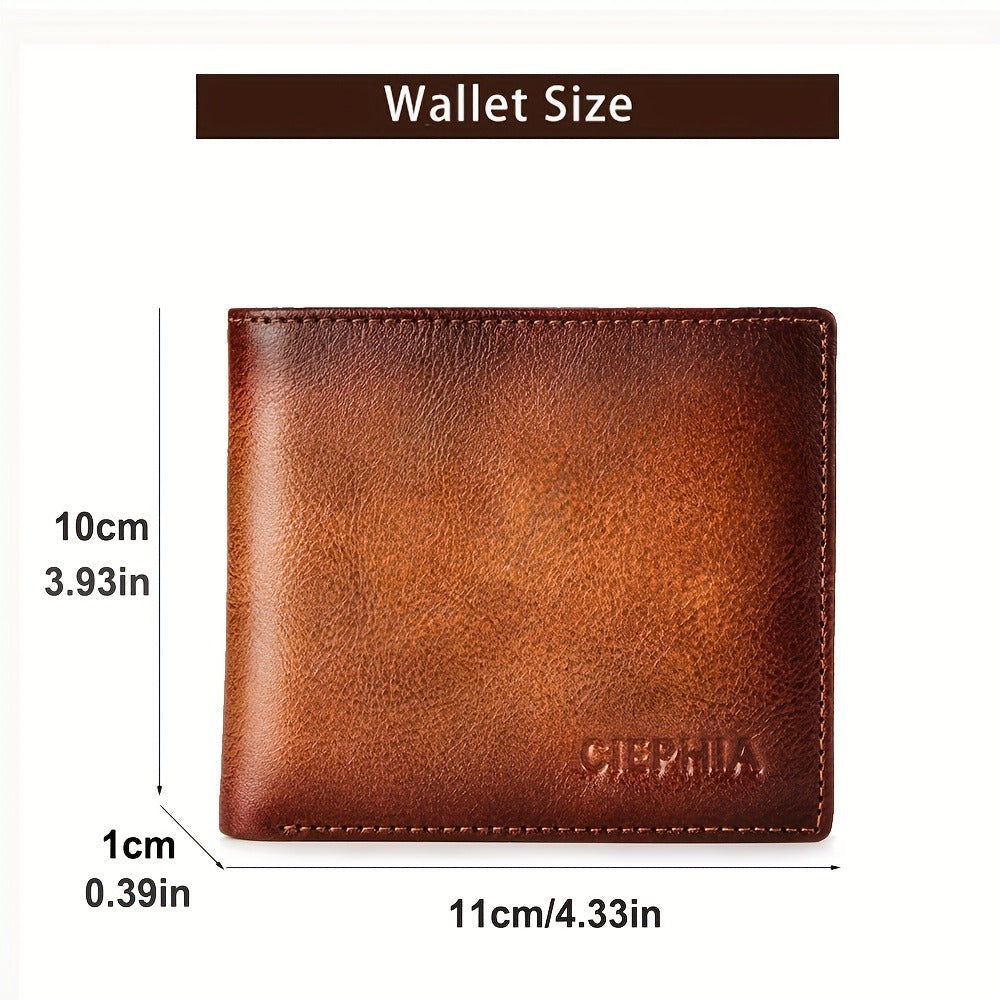 Men's Genuine Leather Anti Theft Brush Wallet Retro Bifold Short Multifunction ID Credit Card Holder With 2 ID Wallets