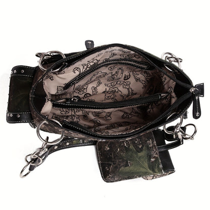 Camouflage Cross Wing Western Studded Handbag Workwear Synthetic Leather Wallet Rustic Women's Shoulder Bag Purse Set