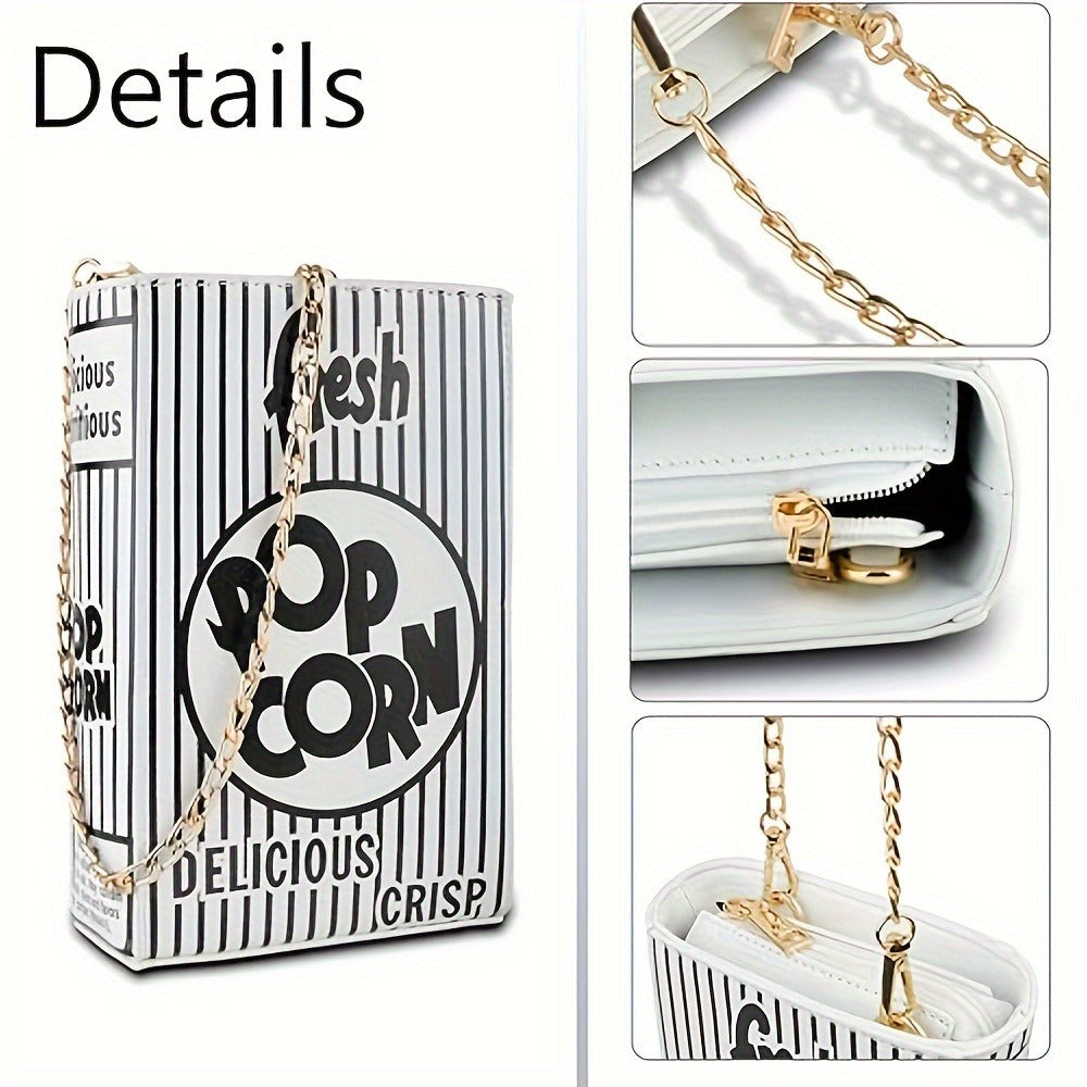 Trendy Popcorn Box Design Handbag for Women, Featuring a Crossbody Style with a Chain Strap, a Distinctive Square Shape, And an Adjustable Wallet