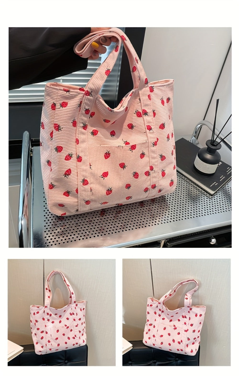 Women' Large Capacity Corduroy Tote Bag with Strawberry Pattern - /// Casual Handbag, Zipper Closure & - Corduroy Shoulder Bag for, Travel, Shopping