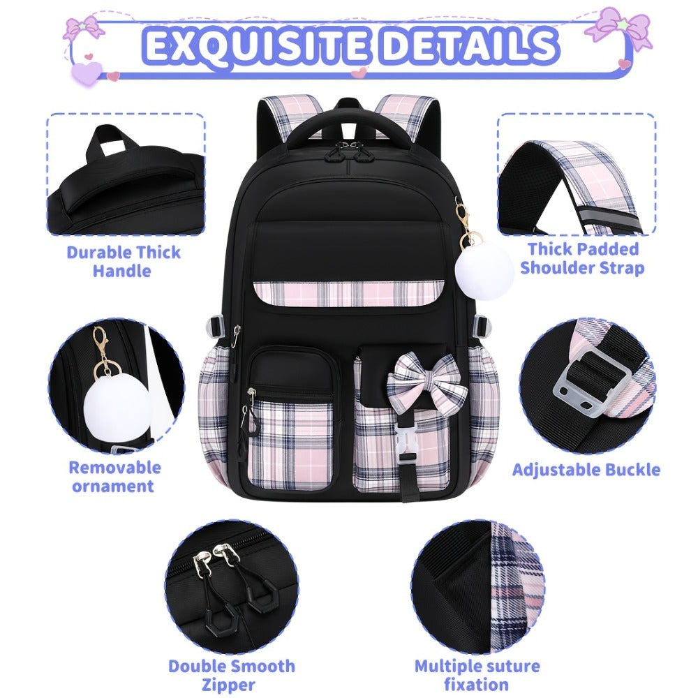 3pcs Bow-Tie School Backpack Tote Storage Bag Set | Large-Capacity Multi-Functional Storage Backpack with 15. 6-inch Laptop and Tablet Compartments, Smooth Zippers, Lightweight, Ideal for Teens' Daily Commute and Back-to-School, for Teenager