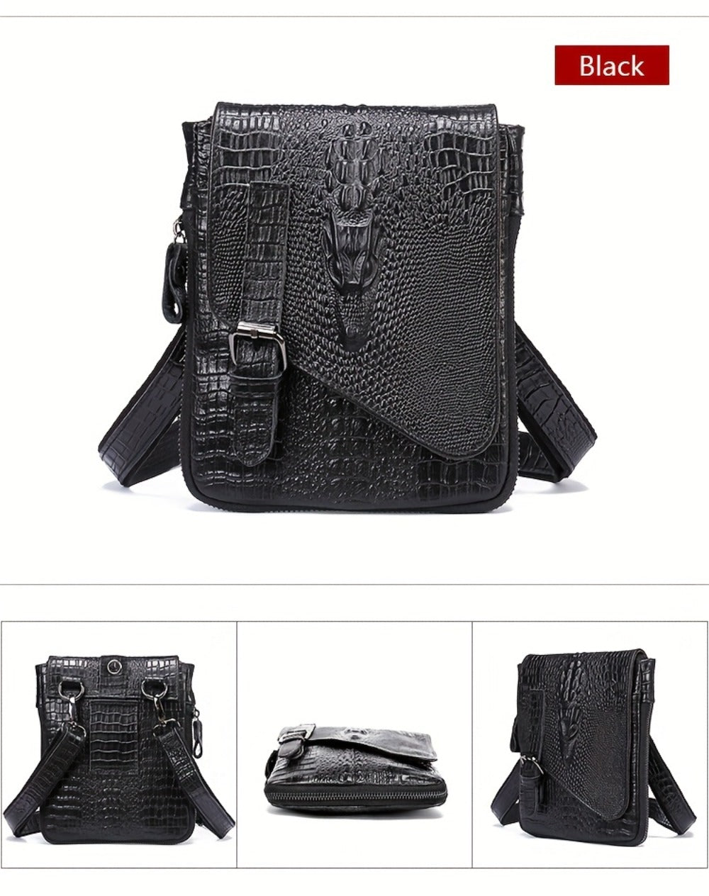 1pc Crocodile Pattern Men's Genuine Leather Messenger Bag Cow Genuine Leather Shoulder Bag Retro Multi-Functional Messenger Bag