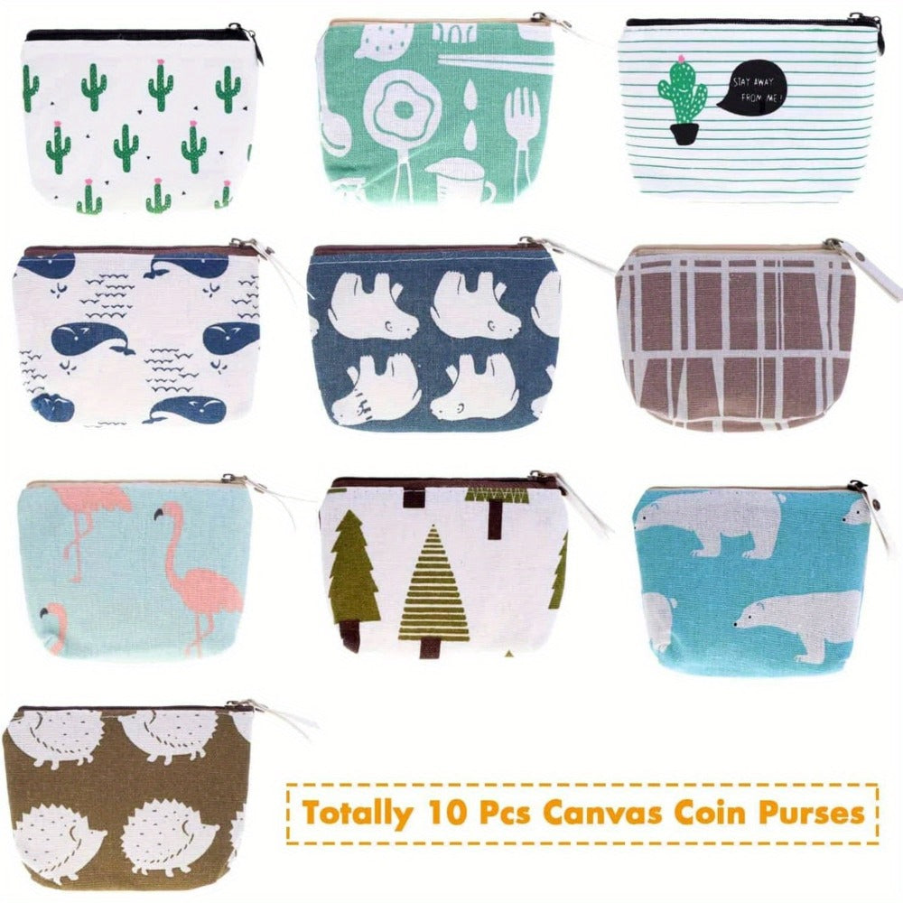 10pcs Canvas Mini Wallets: Zipper Closure with Various Adorable Patterns, Suitable as Coin Purses, Card Holders, and Small Item Bags; Showcases Personality
