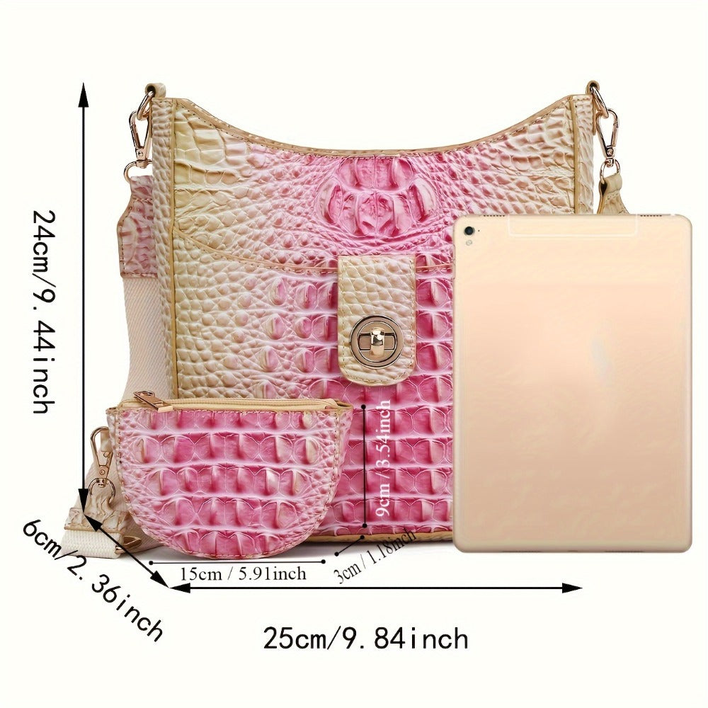 Trendy Crossbody Bag with Crocodile Pattern - Premium Bucket And Coin Purse Style - Multi-Purpose Shoulder Bag Suitable for Any Event