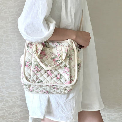 Floral Quilted Tote Bag for Women, Cute Crossbody Shoulder Purse with Pockets, Everyday Handbags