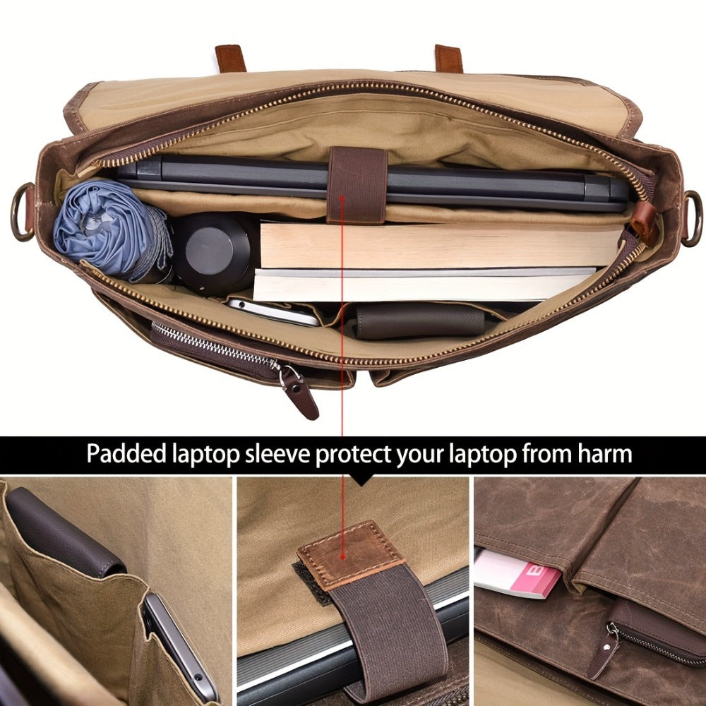 Mens Messenger Bag 15.6 Inch High Quality Vintage Genuine Leather Waxed Canvas Briefcase Large Leather Computer Laptop Bag Rugged Satchel Shoulder Bag
