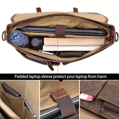 Mens Messenger Bag 15.6 Inch High Quality Vintage Genuine Leather Waxed Canvas Briefcase Large Leather Computer Laptop Bag Rugged Satchel Shoulder Bag