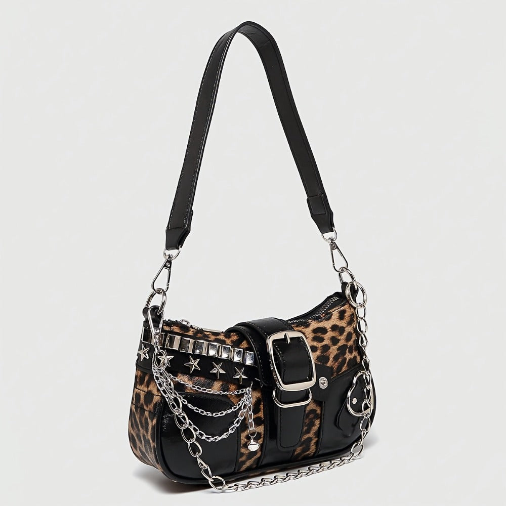 1pc Y2K-Inspired Red & Leopard Print Shoulder Bag with Chain Strap, Magnetic Closure, and Star Accents - Trendy Single-Strap Crossbody Bag for Women, Trendy Accessory | Playful Accessory | Durable Zippers, Shoulder Bag