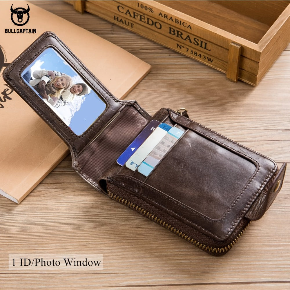 [Genuine Leather Wallet] BULLCAPTAIN Genuine Leather Wallet for Men Large Capacity ID Window Card Case with Zip Coin Pocket