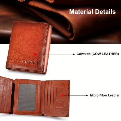 Men's Top-Grain Cowhide Wallet with 3 ID Windows Display, RFID Blocking Protection Vintage Wallets for Man Multi Functional Credit Card Holder Money Clips Perfect Holiday Gift for Him
