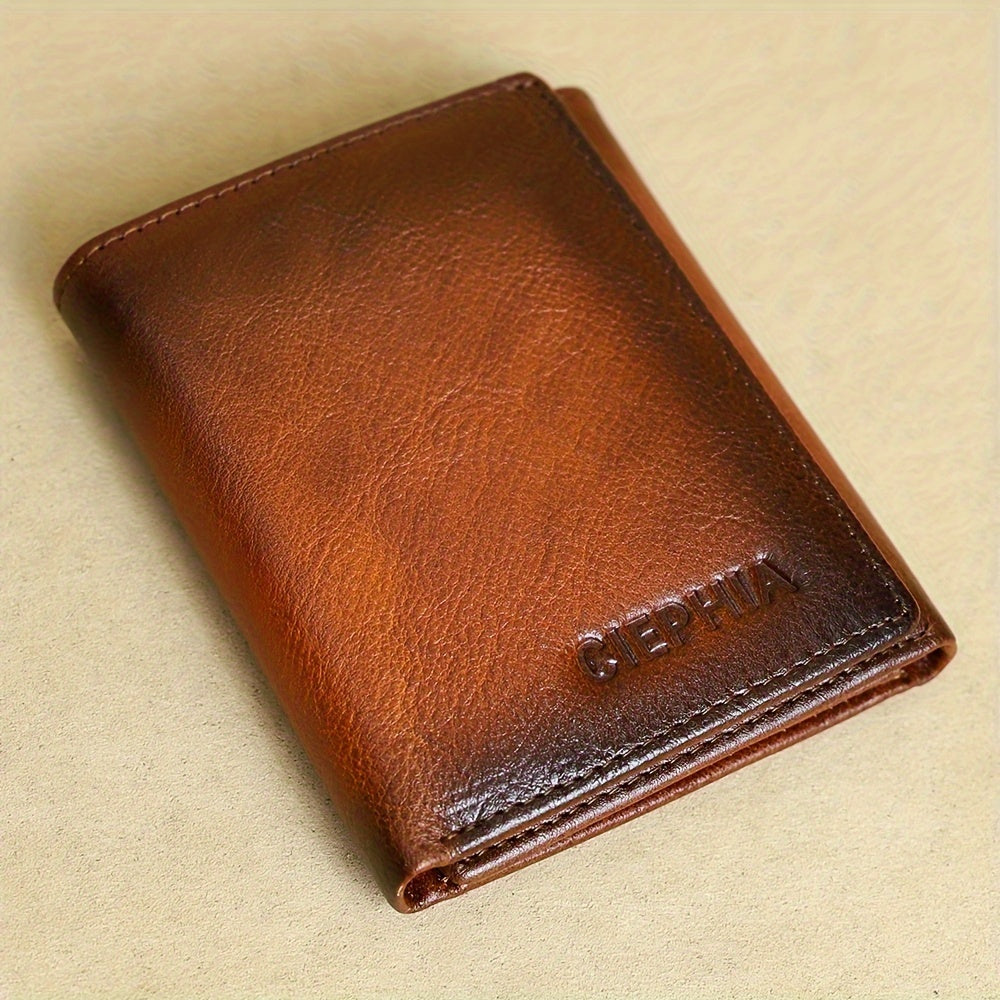 Men'S Leather Tri-Fold Wallet, Premium Cowhide Vintage Wallet, Wallet with Multiple Card Slots