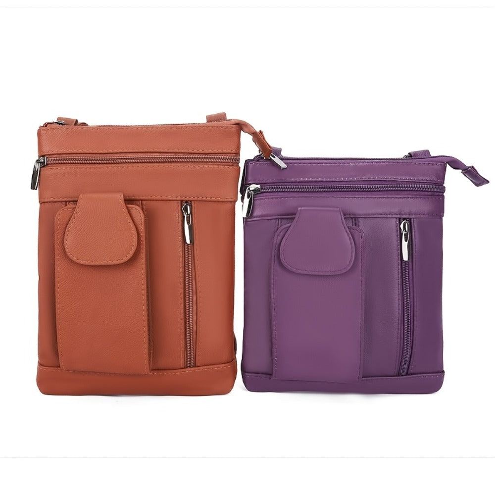 Genuine Leather Women'S Crossbody Bag with Adjustable Strap & Zipper Closure - Large Capacity Multi-Compartment Purse, Polyester Lined, Edge Painted - Stylish Everyday Gift in Red/Blue/Purple/Black, Versatile Travel Purse, Durable Stitched Detail