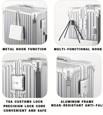 Multifunctional Aluminum Alloy Frame Suitcase, ABS+PC Material Suitcase, Scratch-resistant And Wear-resistant. Foldable Cup Holder And Side Stand Foot Hook, TSA Customs Password Lock. Universal Wheel, Internal Compartment And Compression Belt Design