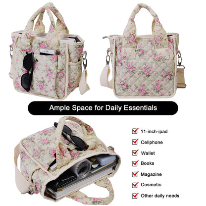 Floral Quilted Tote Bag for Women, Cute Crossbody Shoulder Purse with Pockets, Everyday Handbags