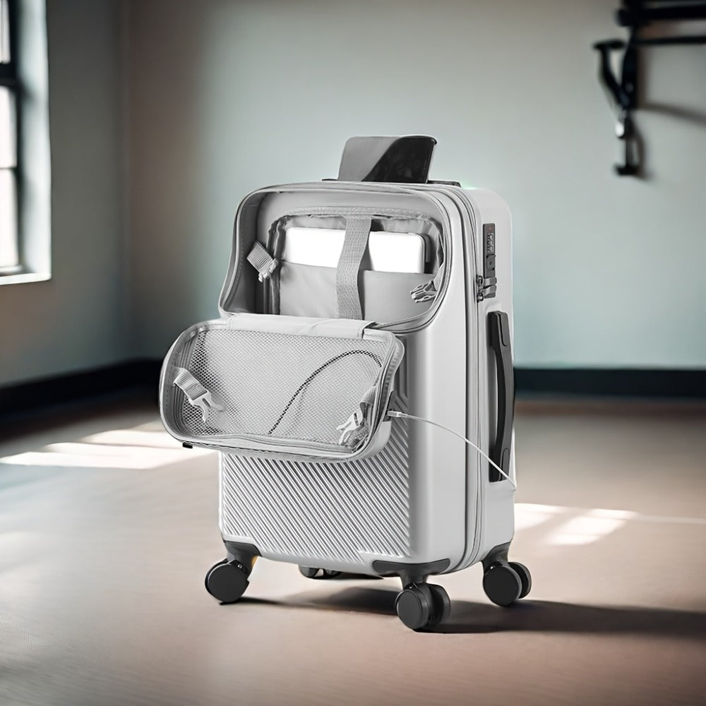 Large Capacity Trolley Case with Front Open Compartment, Functional Travel Suitcase, Luggage with Password Lock And Cup Holder, to Make Your Journey More Convenient And Safe