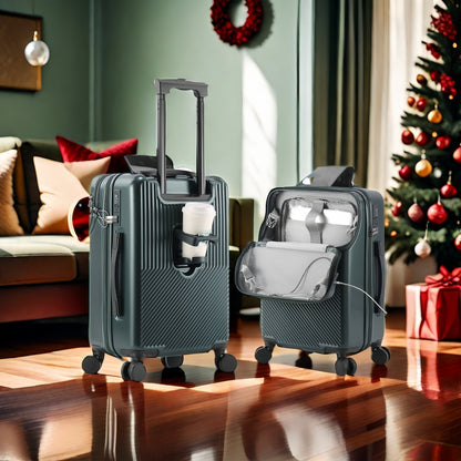 Large Capacity Trolley Case with Front Open Compartment, Functional Travel Suitcase, Luggage with Password Lock And Cup Holder, to Make Your Journey More Convenient And Safe