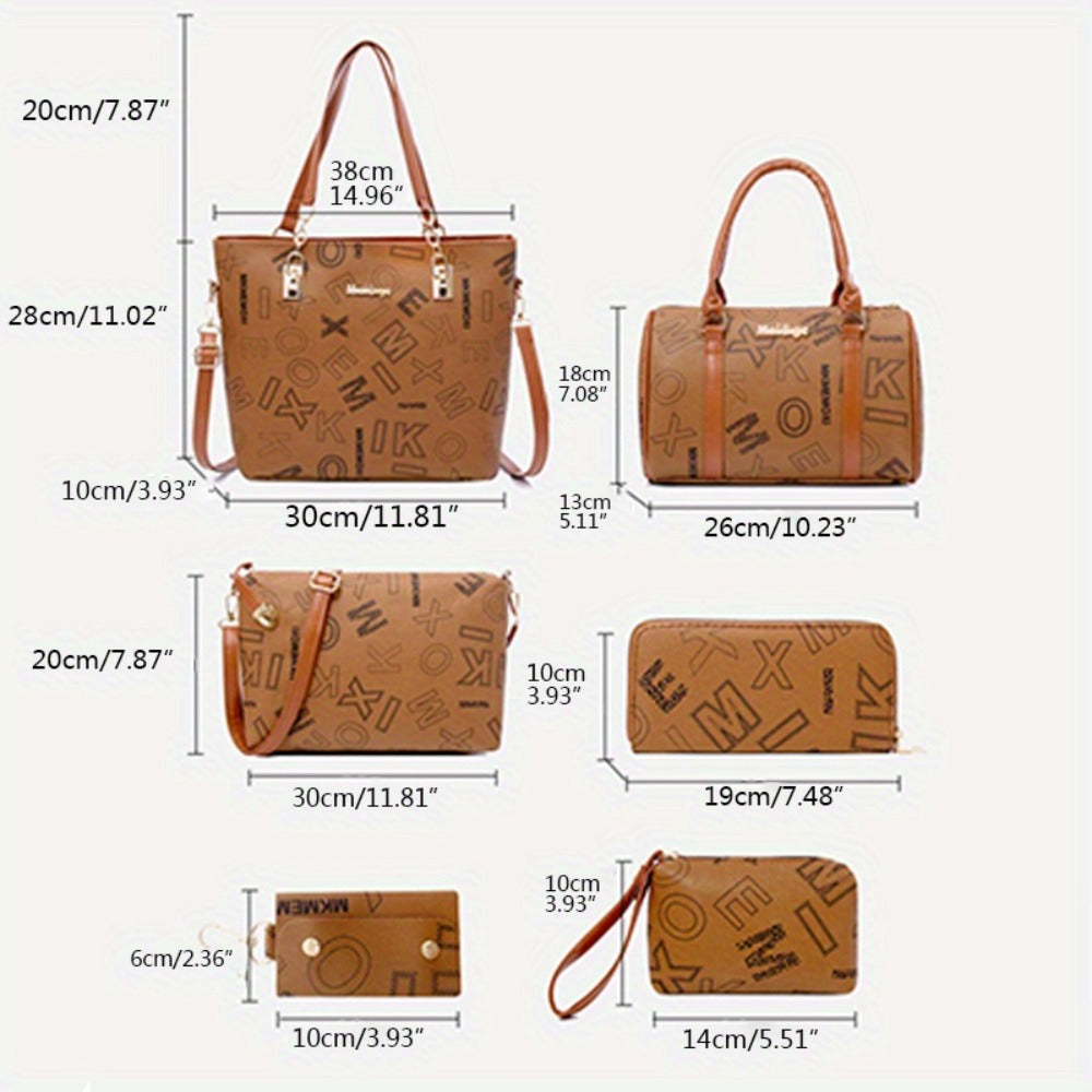 Set of 6 Women'S Bags - Spacious Vintage Collection Including Shoulder Bag, Crossbody Bag, Tote, And Purse