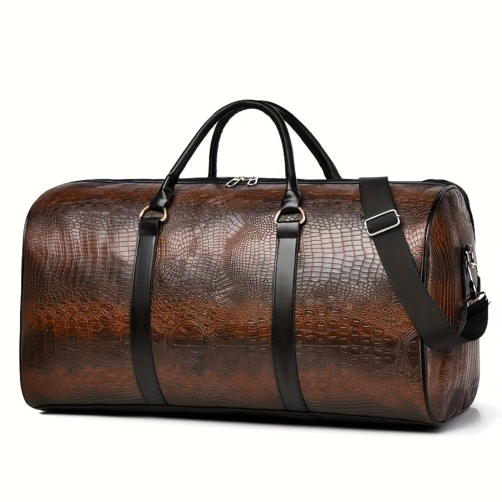 Vintage Crocodile Pattern Luggage | Retro Style | Large Capacity | Black And Dark Brown | Multifunctional Travel Handbag with Shoulder Strap