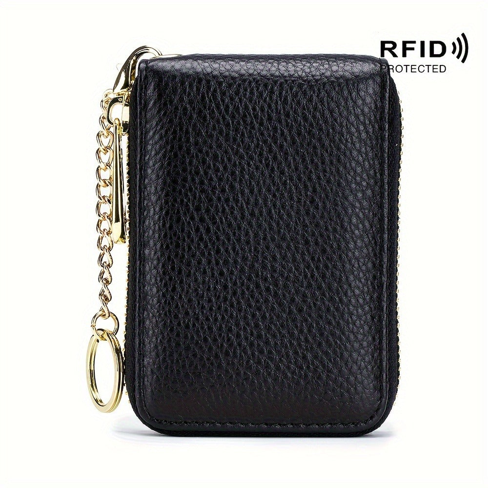 RFID Blocking Credit Card Holder Wallet With Keychain & ID Window Small Leather Zipper Card Case For Women (Vertical 12 Slots)