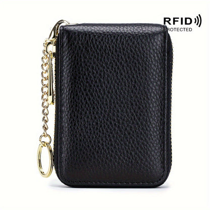 RFID Blocking Credit Card Holder Wallet With Keychain & ID Window Small Leather Zipper Card Case For Women (Vertical 12 Slots)