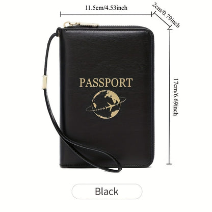 Anti-Theft RFID Travel Wallet And Passport Holder - Zipper Closure Bifold, Faux Leather, Detachable Strap | Secure Organizer for Vacation, Airport, Commute, Office (Holds Passport, Tickets, Cash)