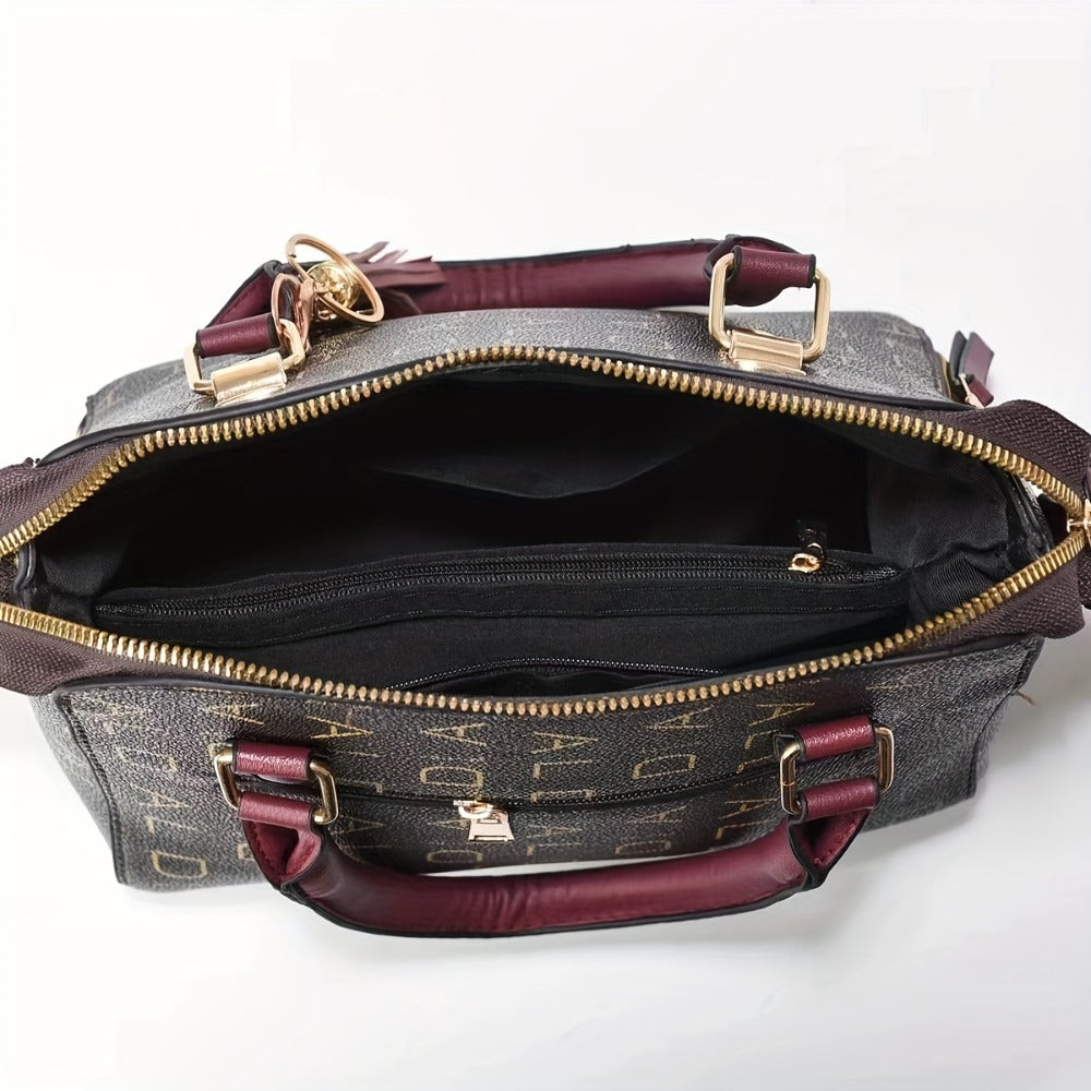 Fashion Alphabet Printed Handbag 2pcs Clash Color Crossbody Casual Work Ladies Bag Tassel Charm Gift Women's Bag Set