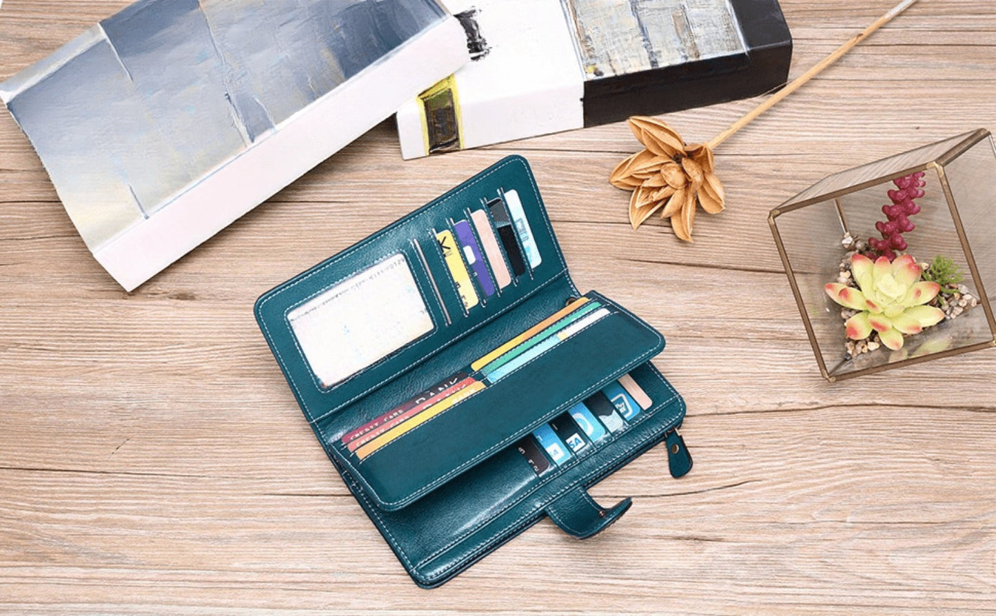 Wallets for Women RFID Blocking, Long Genuine Leather Wallet with 24 Card Slots & Phone Pocket, Large Capacity Zipper Wristlet, Gift Box for Daily Use, Sunflower Print