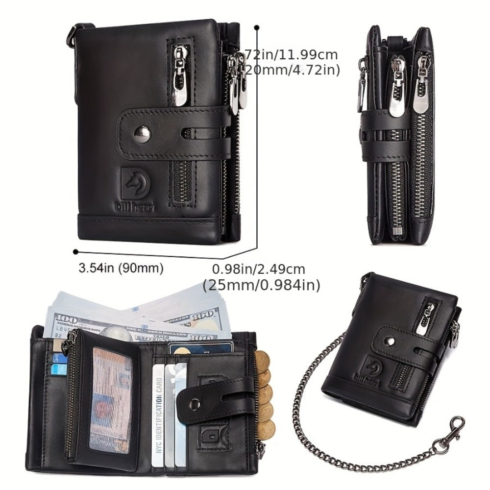 Men's Wallet with Chain, Leather Short Wallet, RFID Shielding Card Clip, Double Zipper Change Bag, Anti-theft Wallet, Ideal Gift for Men