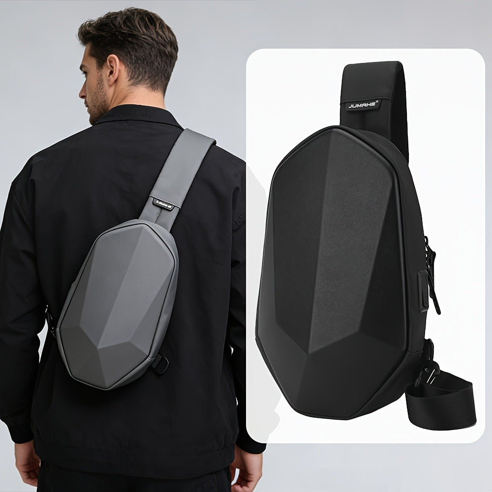 [Hard Shell Chest Bag] JUAMHE Men's Geometric Hard Shell Chest Bag, Scratch-Resistant and Crossbody Backpack with USB Port, Everyday Casual Bag