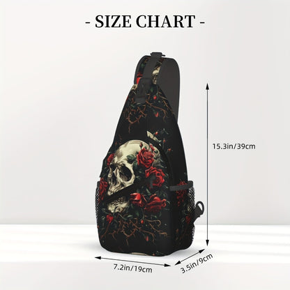 Crossbody Chest Hiking Backpack Skull And Red Roses Shoulder Folding Large Capacity Fashion Durable Can Be Used For Shopping, Work, Travel Beach Fishing Backpack Halloween Travel Backpack For School Back Christmas Gifts