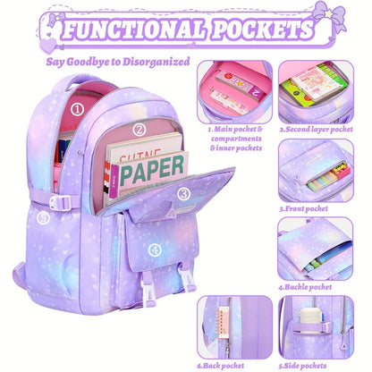3pcs Girls' Large Capacity School Backpack with Lunch Box Holder & Pencil Case Suitable for Back to School, 15.6” Laptop Compartment, Adjustable Straps, Multi-Pocket Bookbag for Travel, Lunch Storage, Pencil for School Daily Use